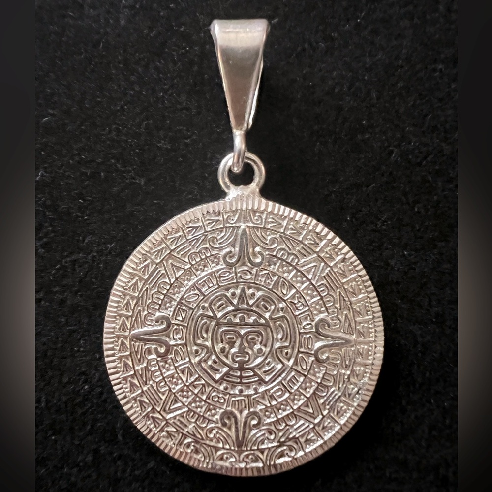 Mexican Silver Aztec Calendar Unisex Medallion Pendant